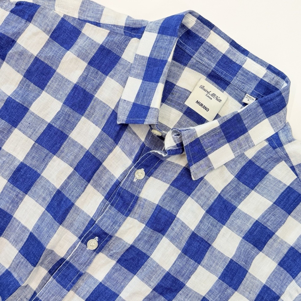 Murano Baird McNutt Men's Large Blue White Check Linen Button Down Shirt